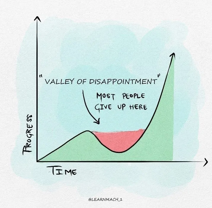 Biểu đồ “Valley of Disappointment”, đoạn trũng giữa đường mà phần lớn người bỏ cuộc trước khi thấy kết quả