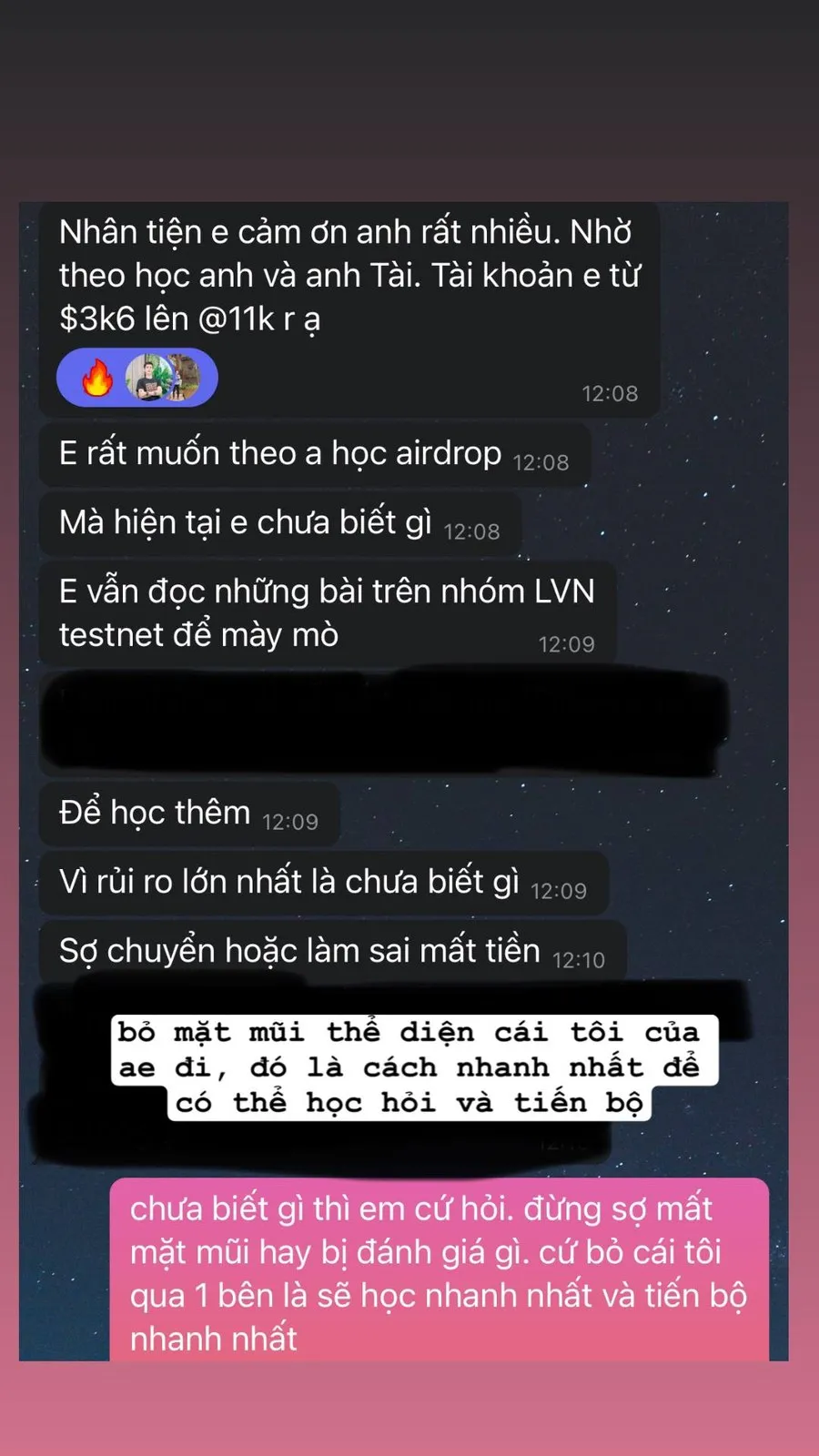 Tin nhắn thành viên: tài khoản từ $3k6 lên $11k, hỏi về airdrop; Nam khuyên bỏ cái tôi qua một bên để học nhanh