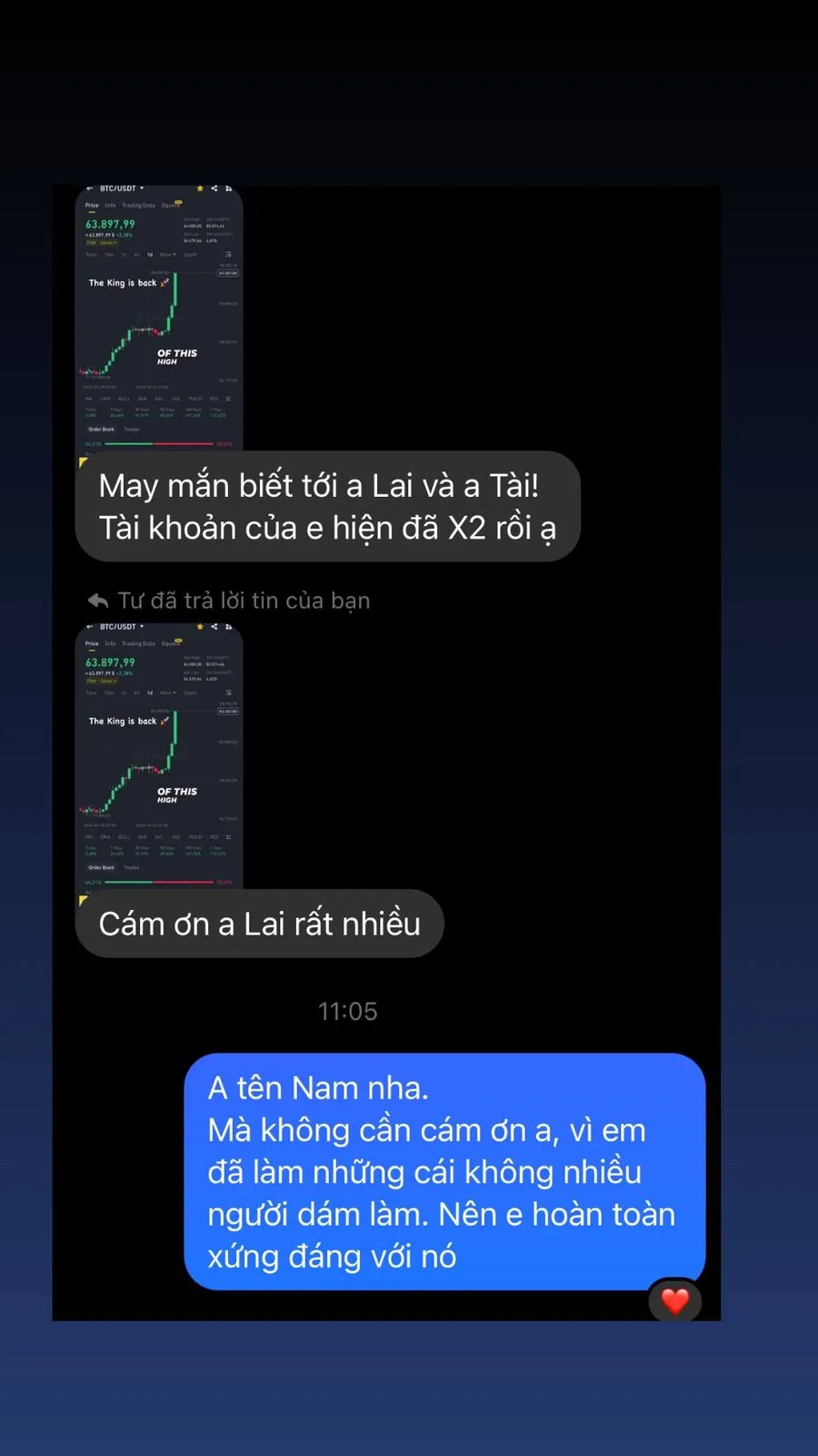 Tin nhắn thành viên: tài khoản đã X2; Nam trả lời không cần cảm ơn vì họ đã tự làm điều ít người dám làm