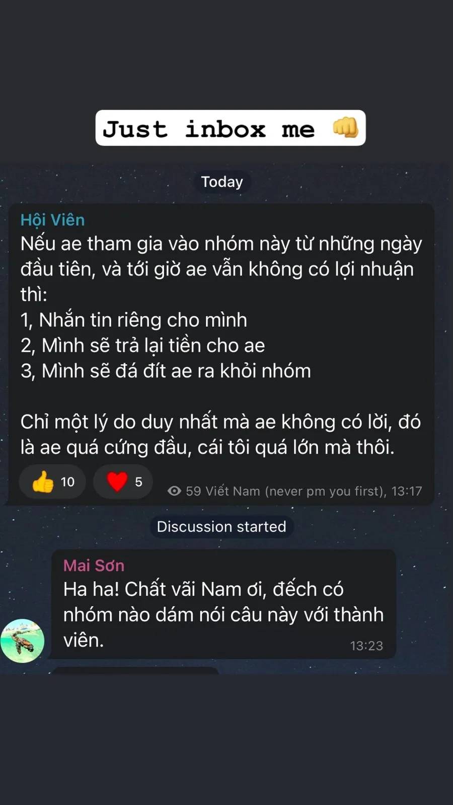 Tin nhắn Nam đăng trong nhóm Hội Viên: ai theo từ đầu mà chưa có lợi nhuận thì nhắn riêng để được trả lại tiền