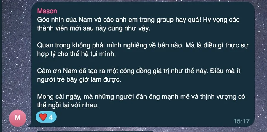 Tin nhắn của thành viên tên Mason nói về không khí và giá trị của cộng đồng